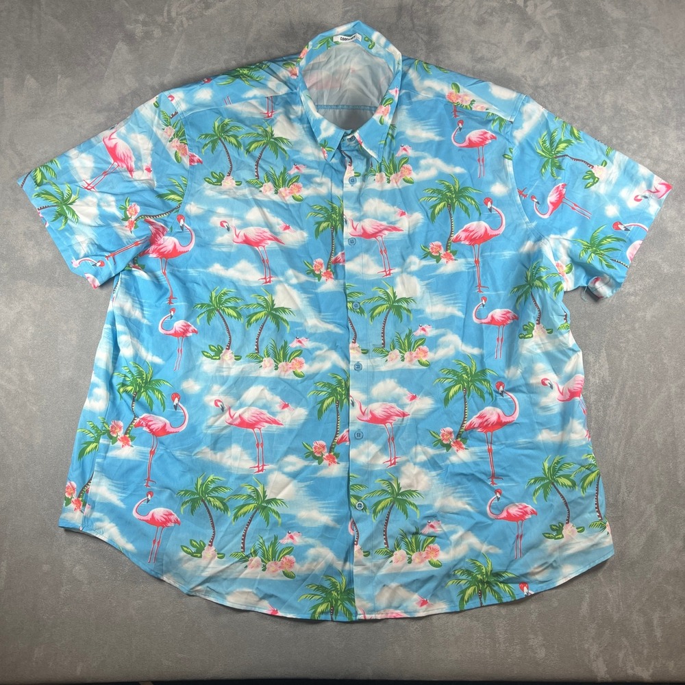 COOFANDY Mens 4XL Blue Flamingo Palm Tree Tropical Hawaiian Shirt